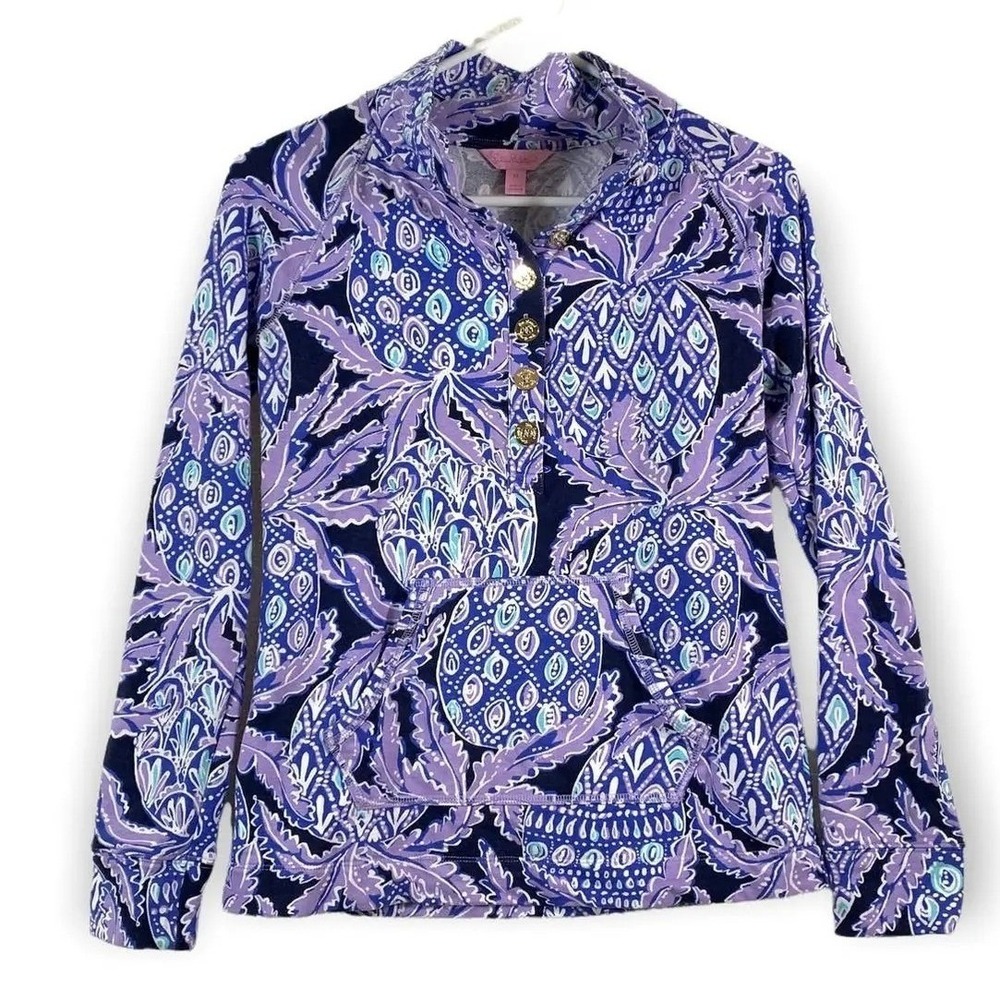Lilly Pulitzer Coco Safari Print Women's XS Popover Top Purple Blue Casual